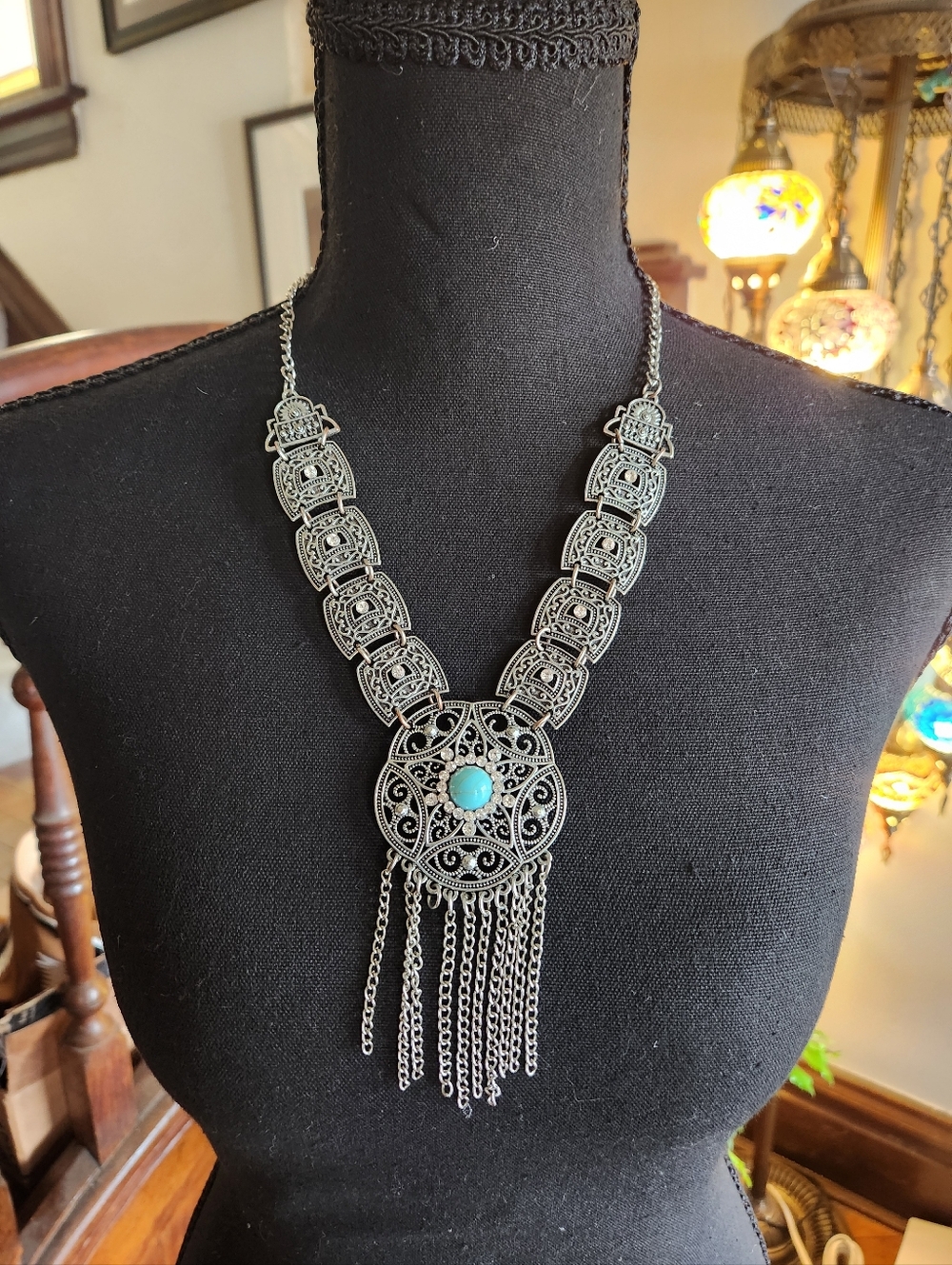 Boho Silver Filigree Necklace with Turquoise Stone